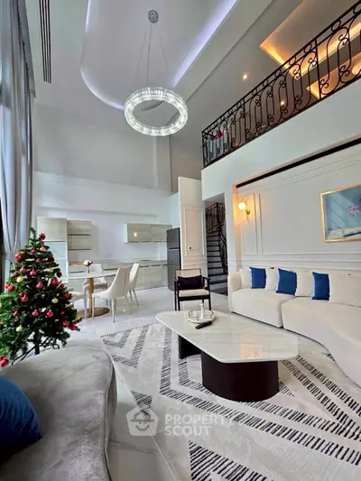 Luxurious modern living room with high ceilings and elegant decor