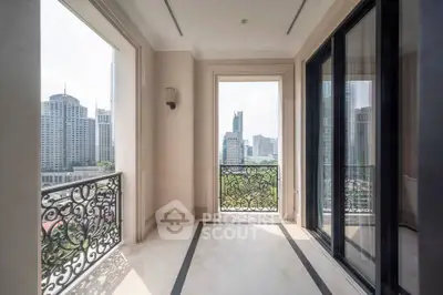 Luxurious balcony with stunning city view in high-rise apartment