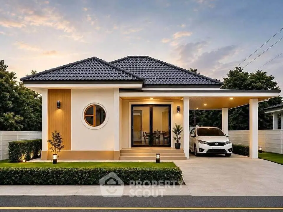 Charming modern house with carport and landscaped front yard at sunset.