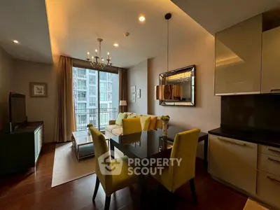 Modern living room with elegant dining area and large window view