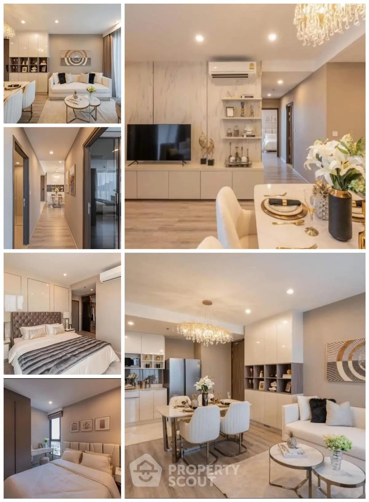 Luxurious modern apartment interior with elegant living room, stylish dining area, and cozy bedroom.