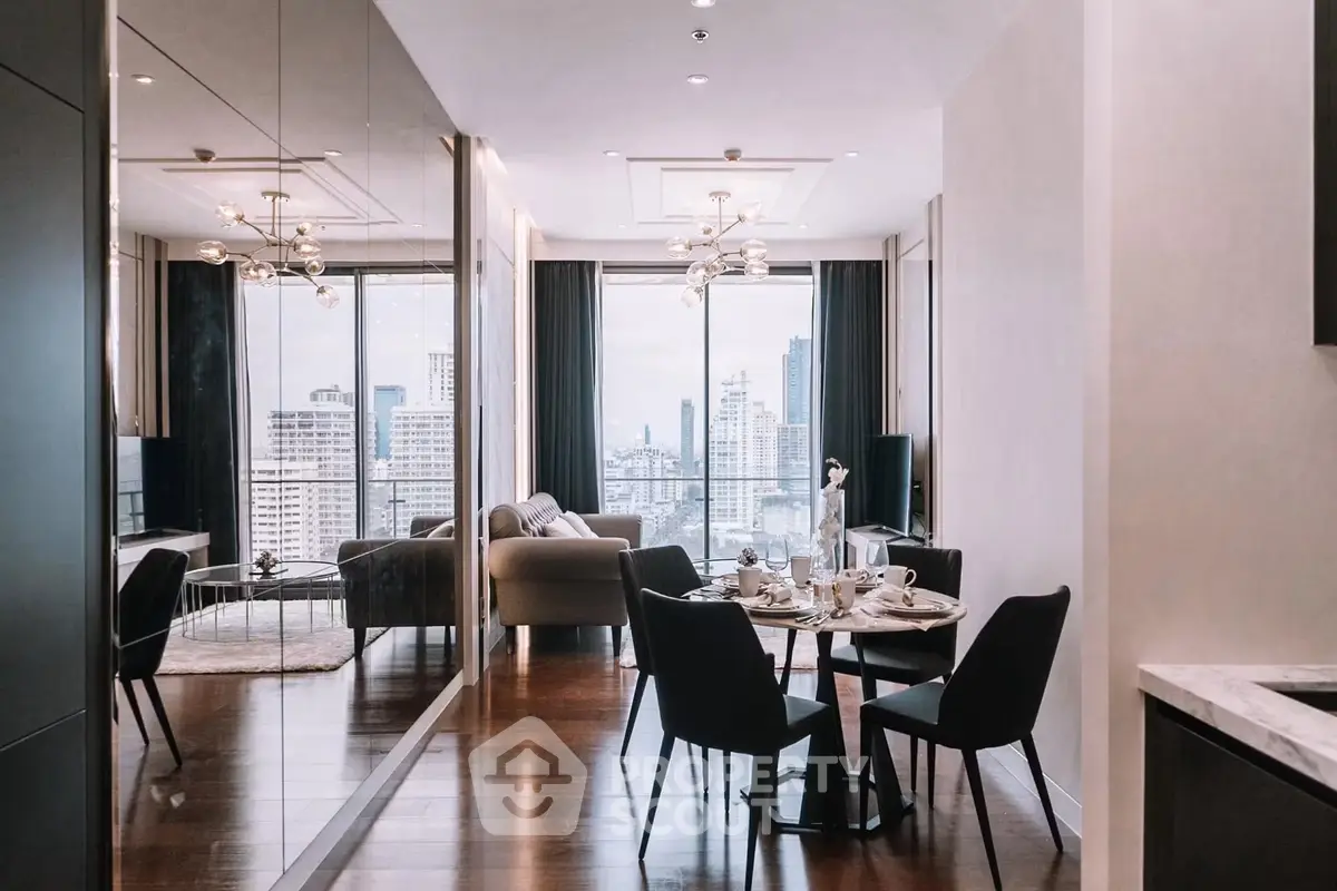 Luxurious modern living room with city view, elegant dining area, and stylish decor in high-rise apartment.