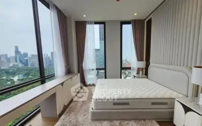 Luxurious bedroom with panoramic city view and elegant decor