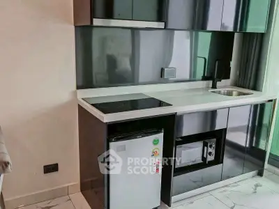Modern kitchen with sleek black cabinetry and compact appliances