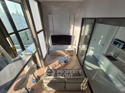 Luxurious modern living room with floor-to-ceiling windows and stunning city view