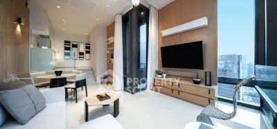 Luxurious modern living room with stunning city view, elegant decor, and spacious layout in high-rise apartment.