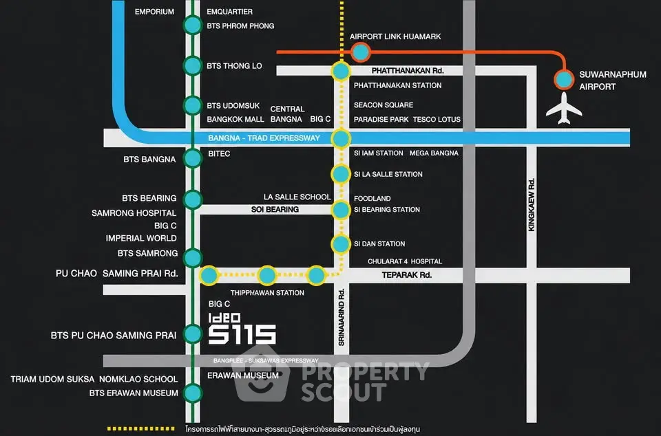 Map showing transportation routes and landmarks near a real estate development in Bangkok.