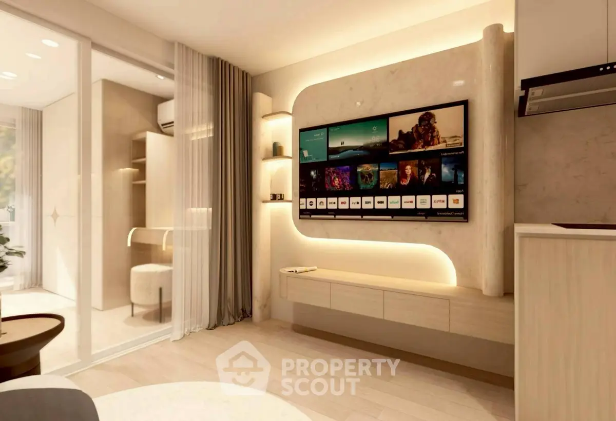 Modern living room with sleek TV setup and ambient lighting, showcasing contemporary interior design.