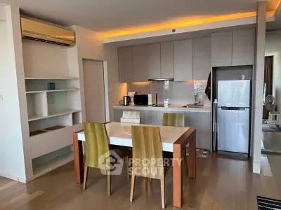 Modern kitchen with dining area, sleek cabinetry, and ambient lighting