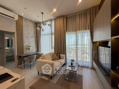 Luxurious modern living room with high ceilings and panoramic city view