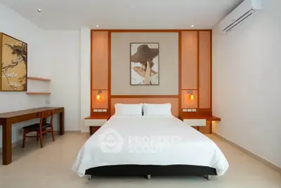 Modern bedroom with stylish decor and air conditioning in a contemporary home.