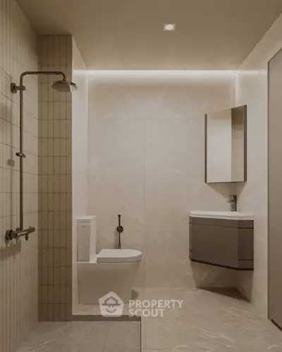 Modern minimalist bathroom with sleek fixtures and neutral tones