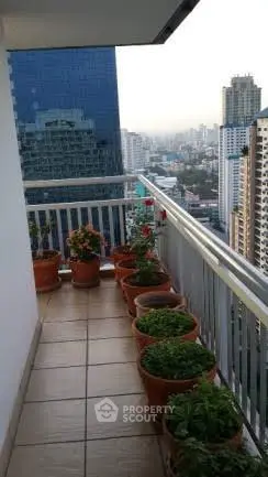 Charming balcony with city view and potted plants in high-rise building.