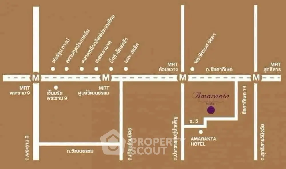 Map showing location of Amaranta Hotel near MRT stations in Bangkok.