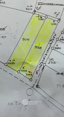Detailed real estate plot map with highlighted sections and measurements.