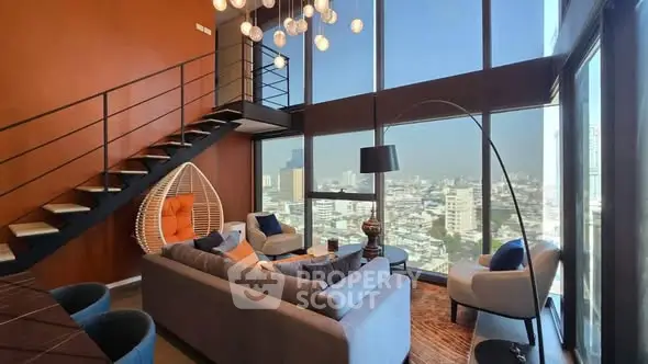 Luxurious modern living room with stunning city view and stylish decor