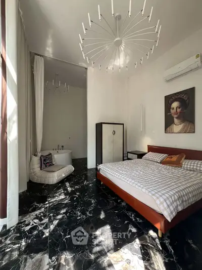 Luxurious bedroom with elegant decor and marble flooring