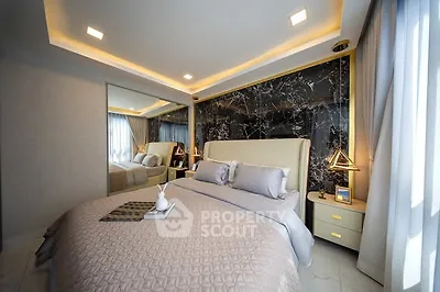 Luxurious modern bedroom with elegant decor and ambient lighting
