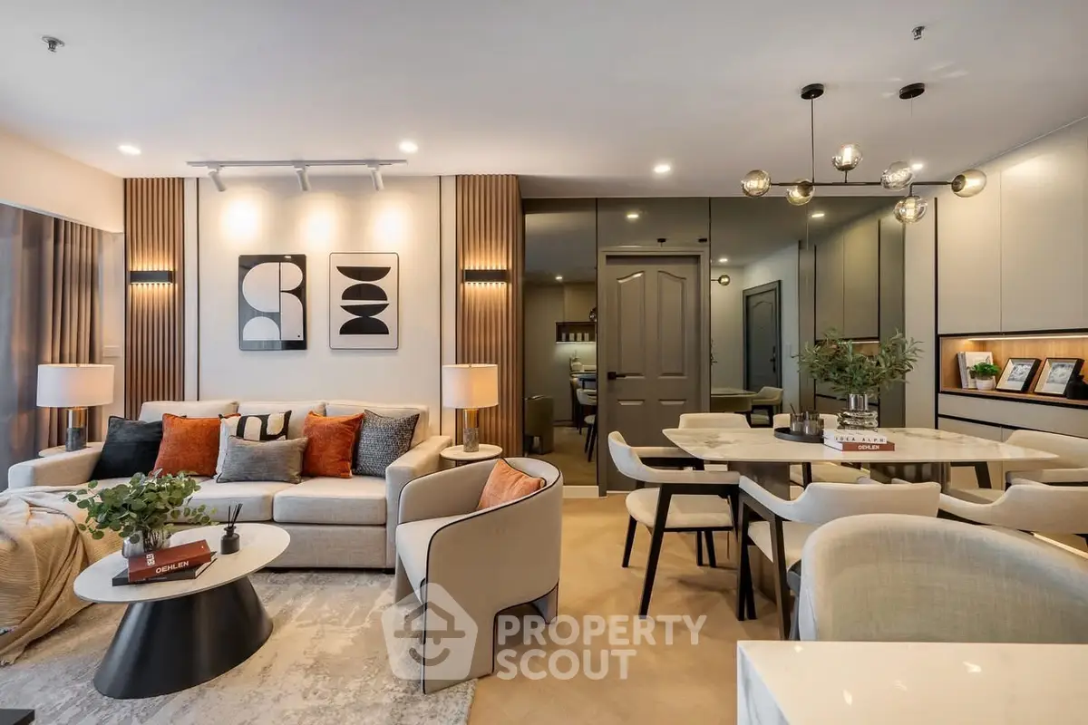 Luxurious modern living room with elegant decor and cozy seating area