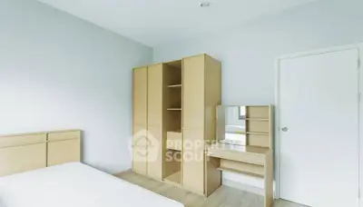 Minimalist bedroom with light wood furniture and white walls