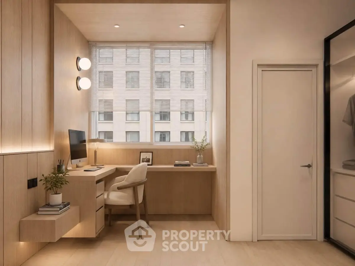 Modern study room with sleek wooden decor and large window view.