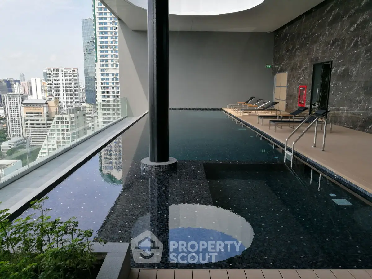 Luxurious rooftop pool with stunning city skyline view, perfect for relaxation and leisure.