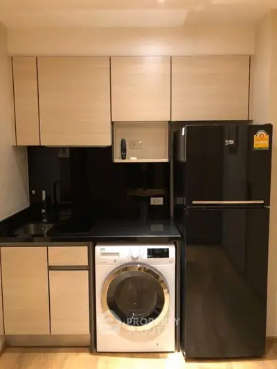 Modern kitchen with sleek cabinets, washing machine, and fridge in compact layout.