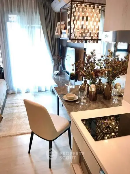Stylish modern living room with elegant dining setup and natural light