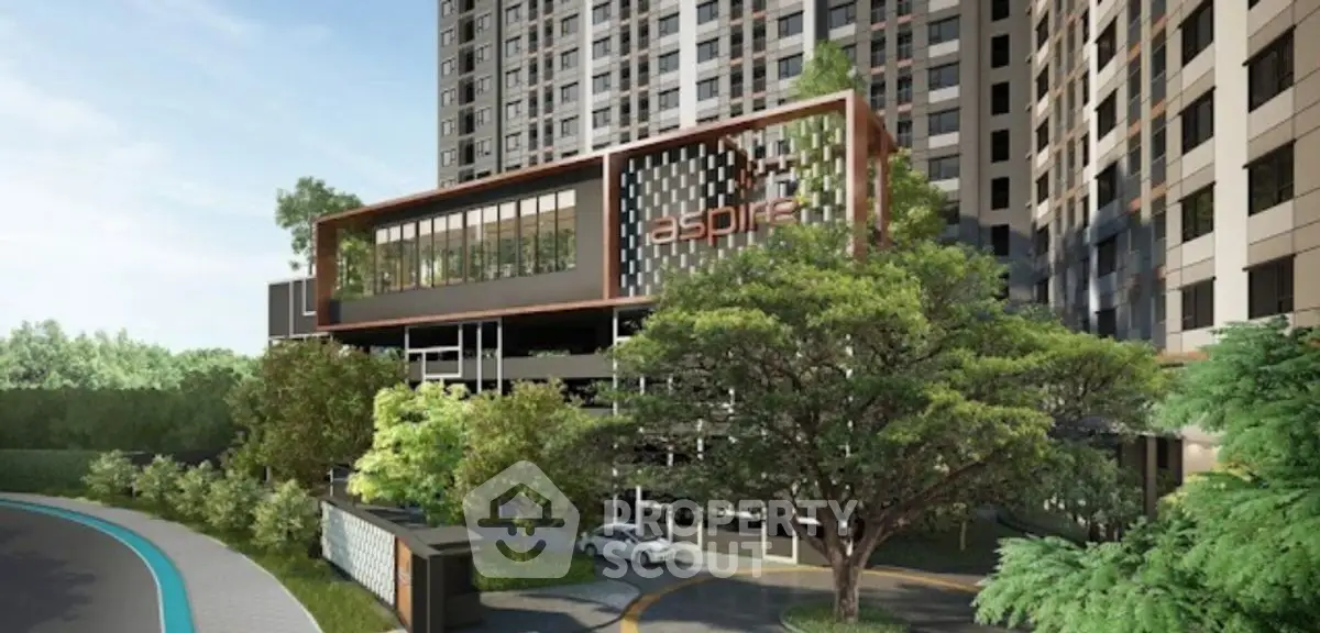 Modern high-rise building with lush greenery and sleek architectural design