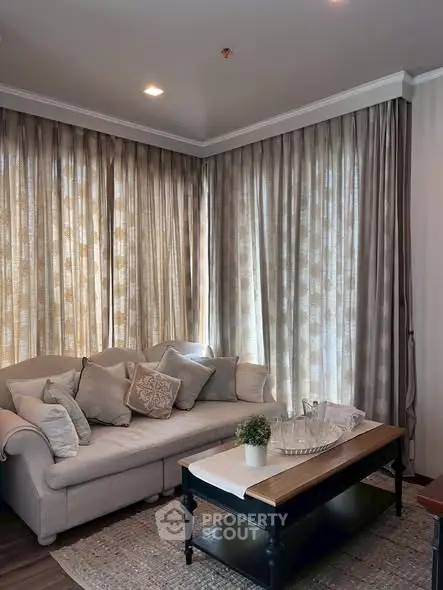 Cozy living room with elegant curtains and plush sofa