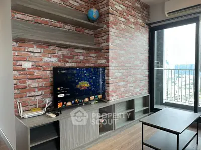 Modern living room with exposed brick wall and balcony view