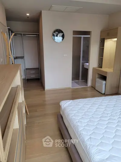 Spacious bedroom with modern furnishings and walk-in closet