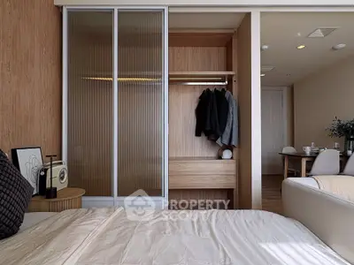 Modern bedroom with sliding closet doors and cozy decor