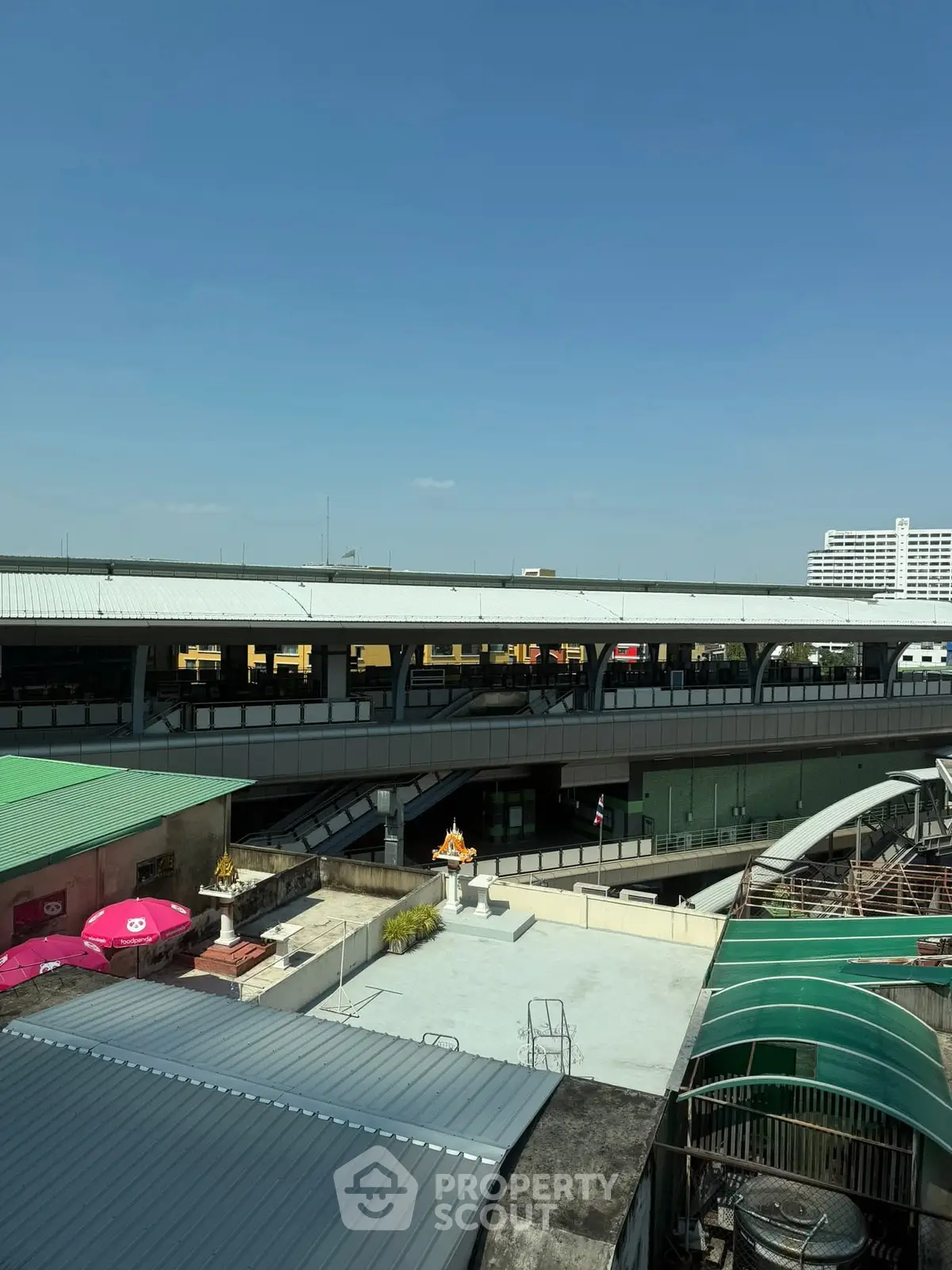Urban rooftop view with modern architecture and clear blue sky