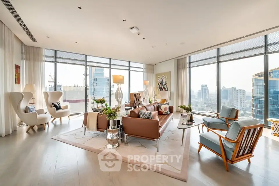 Luxurious living room with panoramic city views and elegant modern furniture.