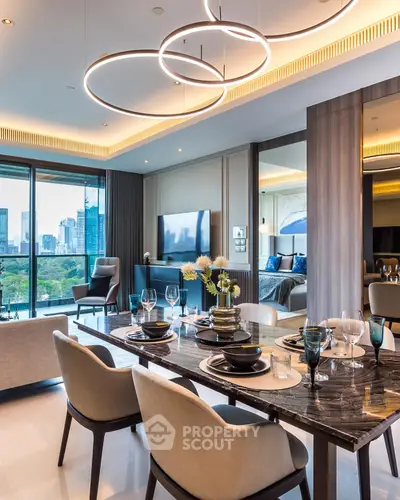 Luxurious modern living room with city view and elegant dining setup