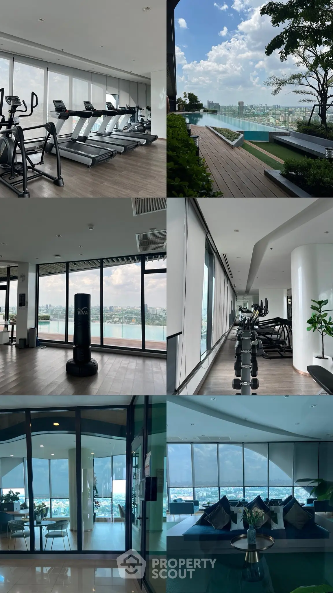 Luxurious high-rise gym and pool with stunning city views, modern fitness equipment, and elegant lounge area.