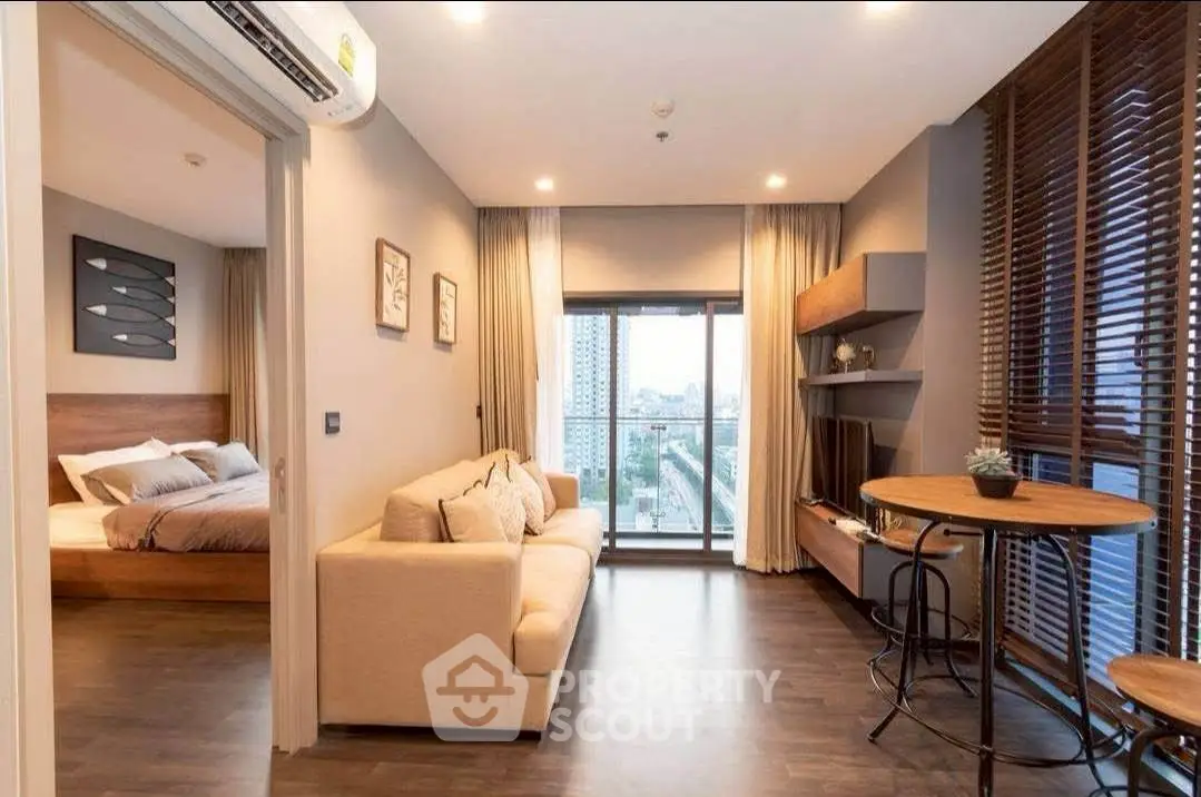 Modern living room with balcony view in stylish apartment