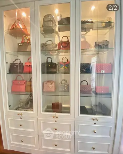 Luxurious walk-in closet with elegant display of designer handbags in a chic white cabinet.