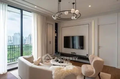 Luxurious living room with modern decor and stunning city view from large windows.