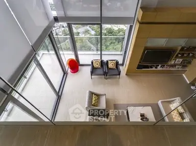 Luxurious high-rise living room with floor-to-ceiling windows and stunning city view.
