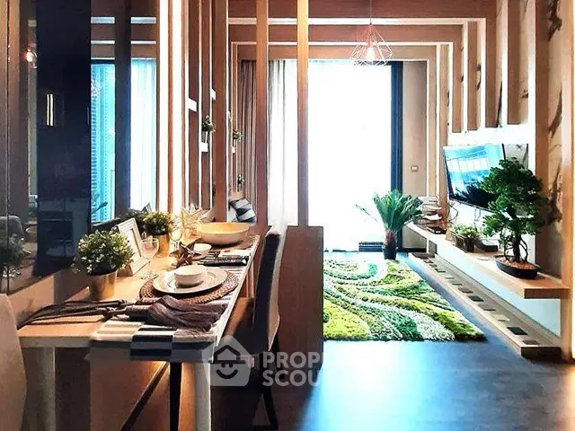 Modern living room with stylish decor and large window view