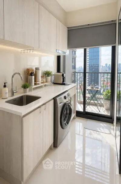 Modern kitchen with sleek cabinetry, washing machine, and balcony view in urban apartment.