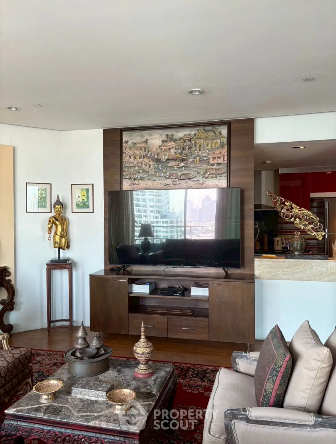 Luxurious living room with elegant decor and city view