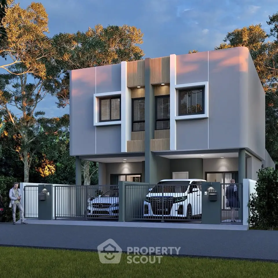 Modern two-story house with sleek design and spacious driveway in a serene neighborhood.
