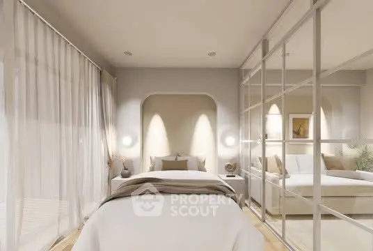 Luxurious bedroom with elegant decor and soft lighting, featuring a cozy bed and stylish mirrored wardrobe.
