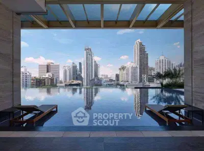 Luxurious rooftop infinity pool with stunning city skyline view, perfect for urban living enthusiasts.