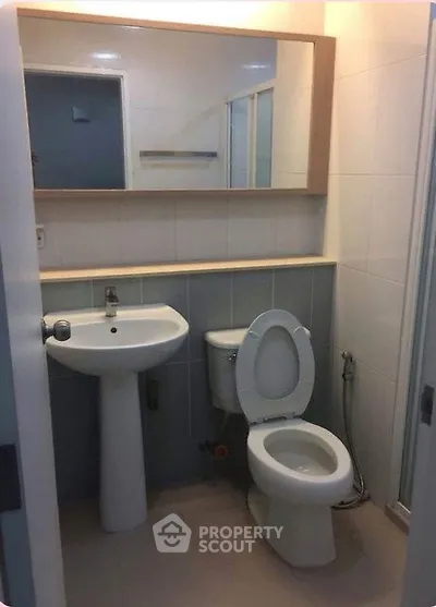 Compact bathroom with modern fixtures and large mirror, ideal for efficient space utilization.