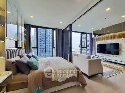 Luxurious modern bedroom with stunning city view and spacious living area