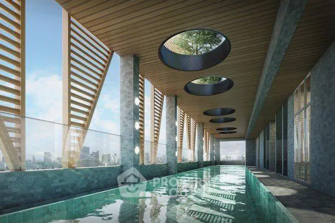 Luxurious indoor pool with modern design and city view